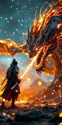 The primary subject of the image is a person, likely a warrior or a character from a fantasy game, standing in front of a large, fire-breathing dragon. The setting appears to be a dark, possibly magical, environment. The visual style of the image is digital art, with the dragon and the person depicted in a detailed and realistic manner. The colors and mood of the image are dramatic and intense, with the fire-breathing dragon and the person's attire